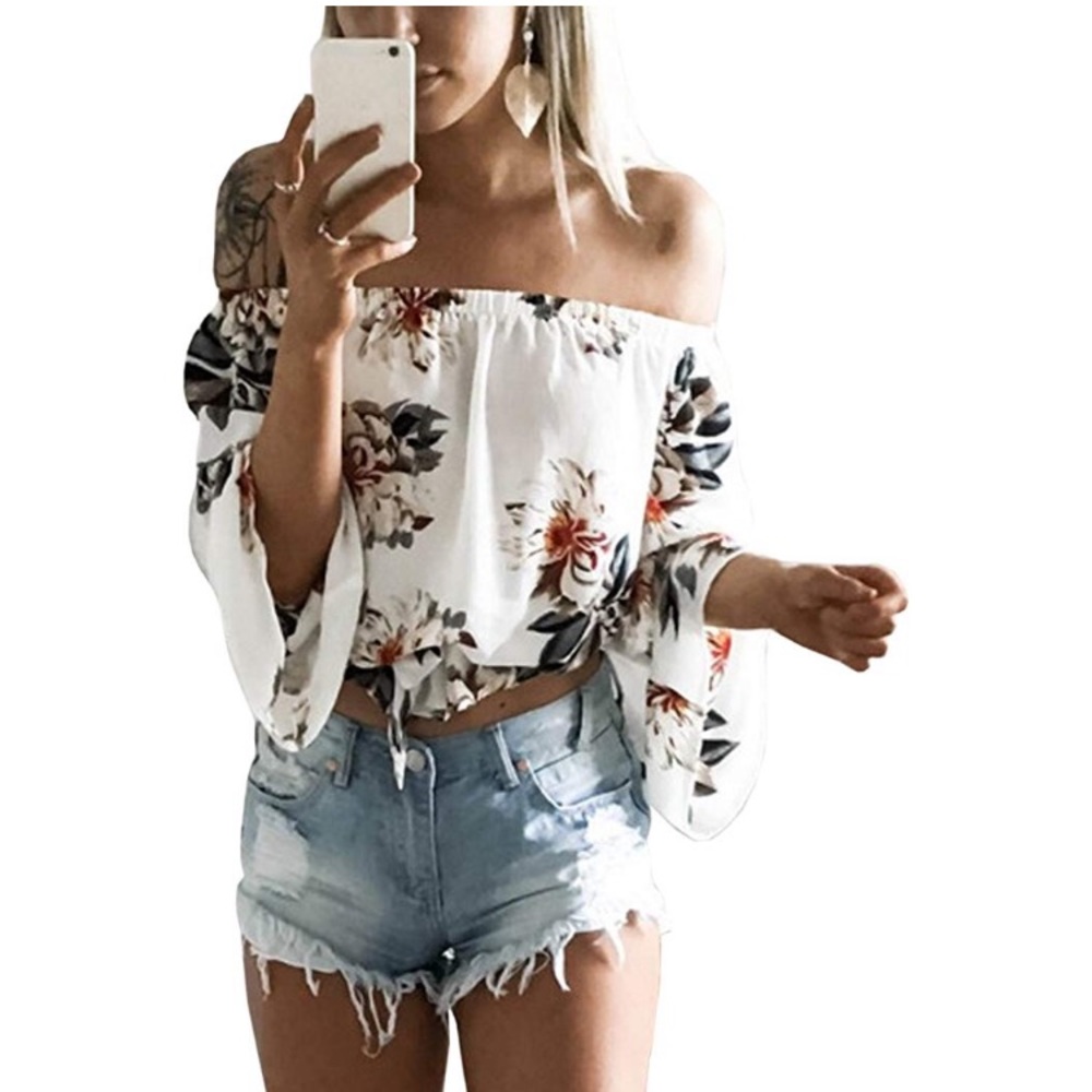 Off Shoulder Flare Sleeve Elastic Waist Crop Top - Picture 2 of 5